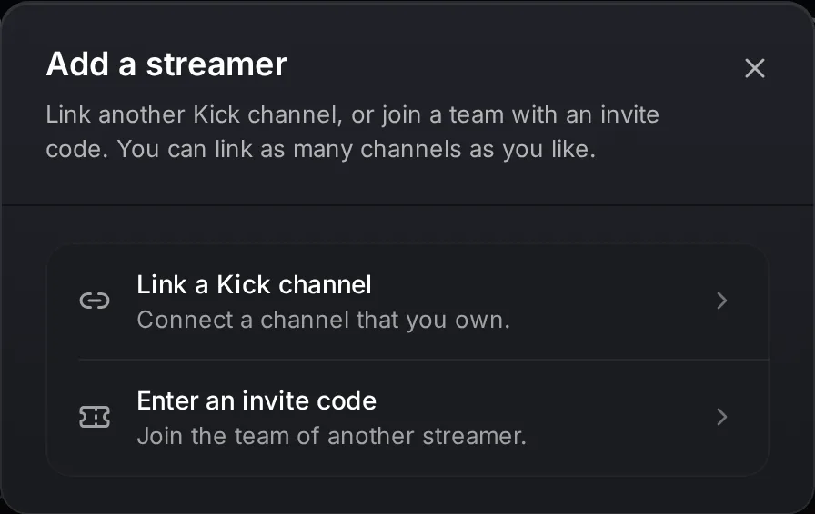 La fenêtre Ajouter un streamer avec les options Lier une chaîne Kick et Entrer un code d'invitation