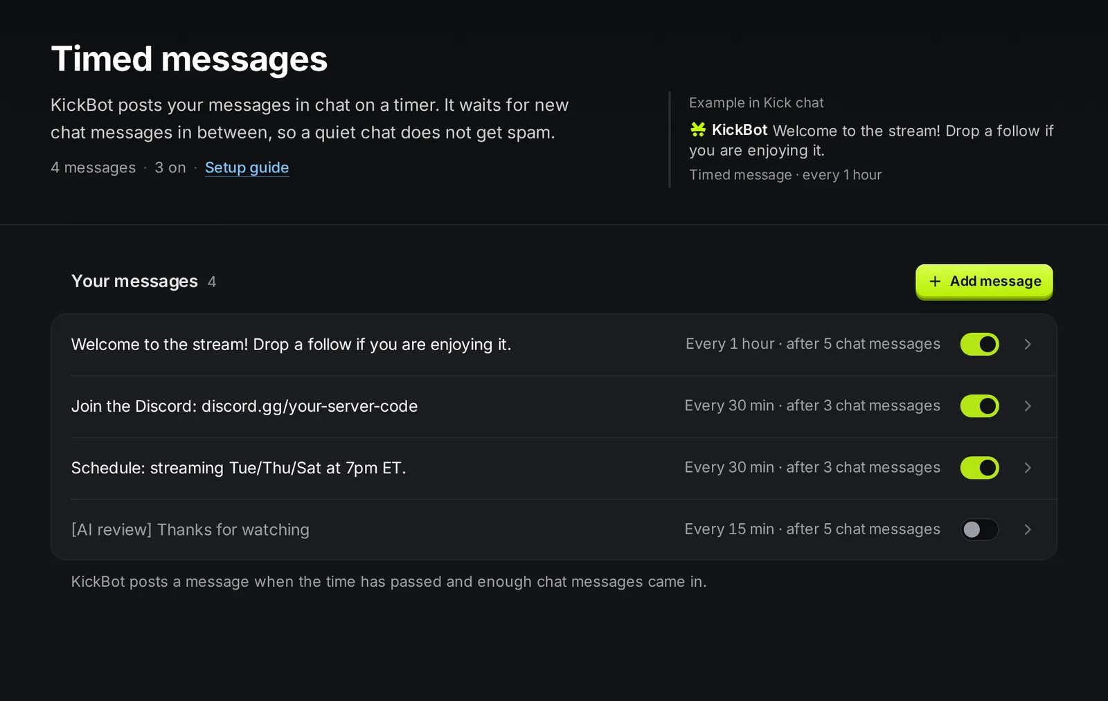 The Timed messages page with four messages, each with its interval and number of chat messages