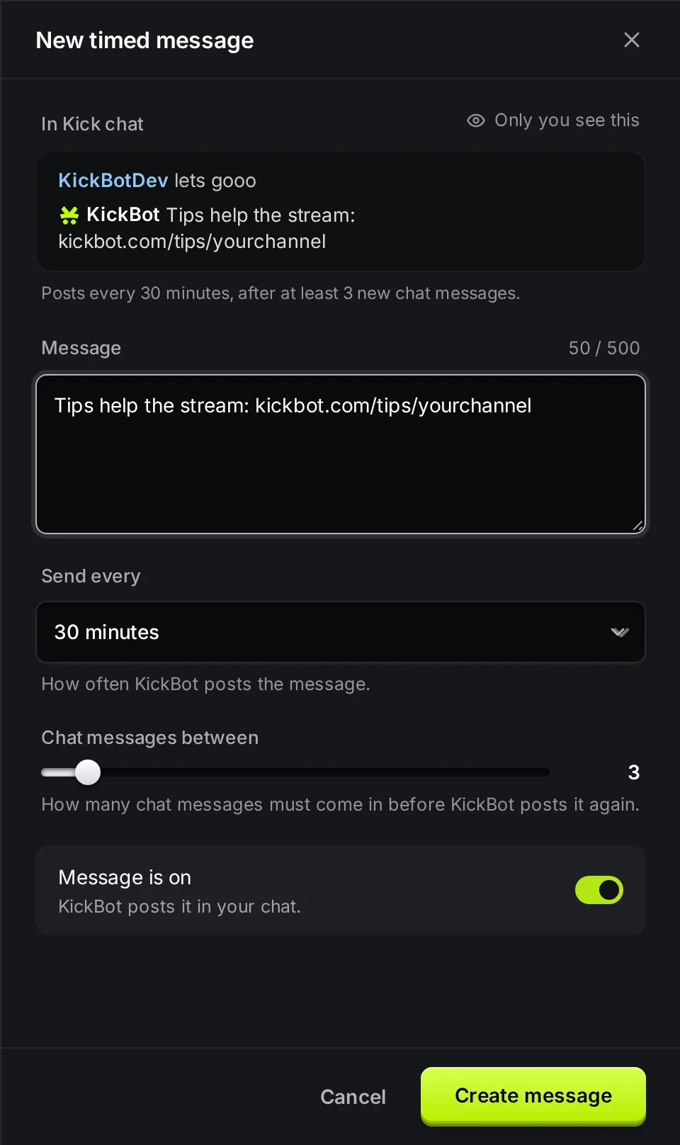 The New timed message panel with a message, Send every set to 30 minutes and Chat messages between set to 3