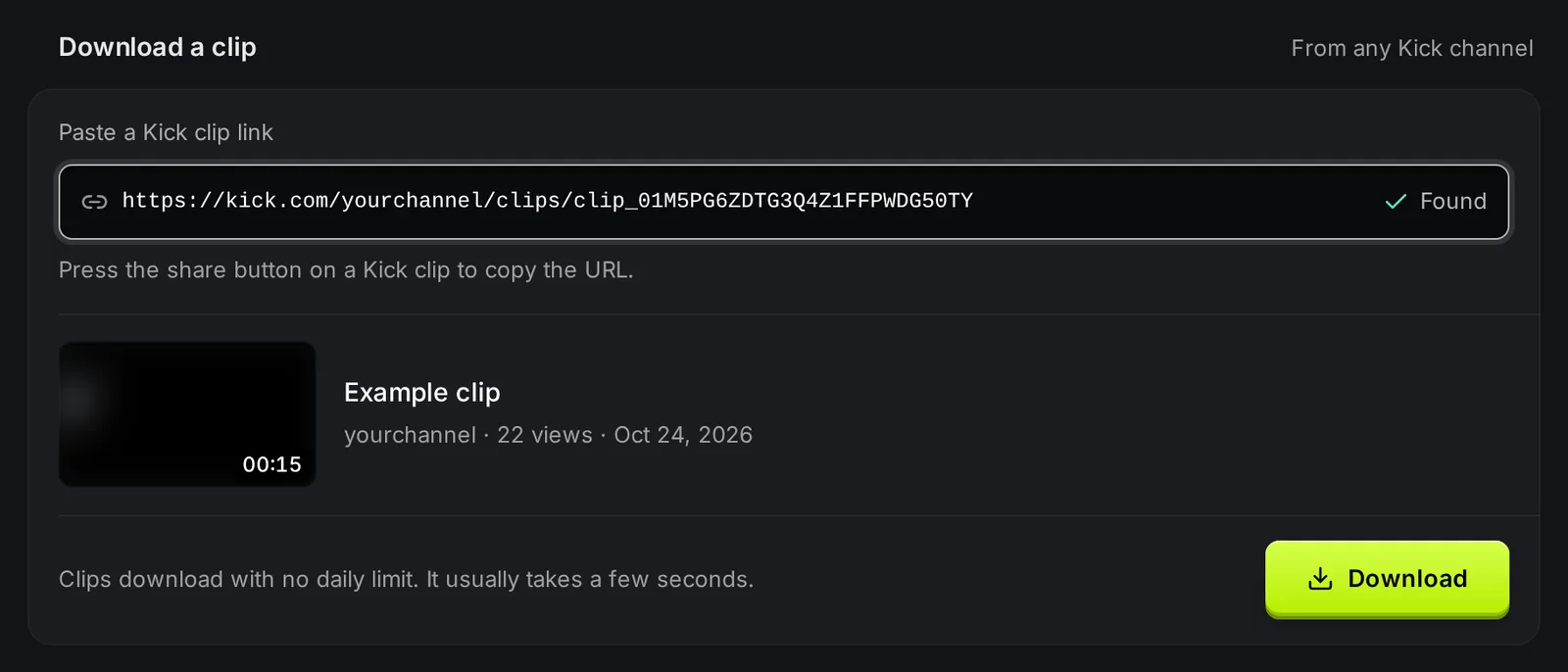 The Download a clip card on the KickBot clip downloader with a Kick clip link pasted and the clip preview found