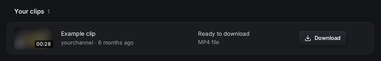 The Your clips list on the KickBot clip downloader with one clip that is ready to download