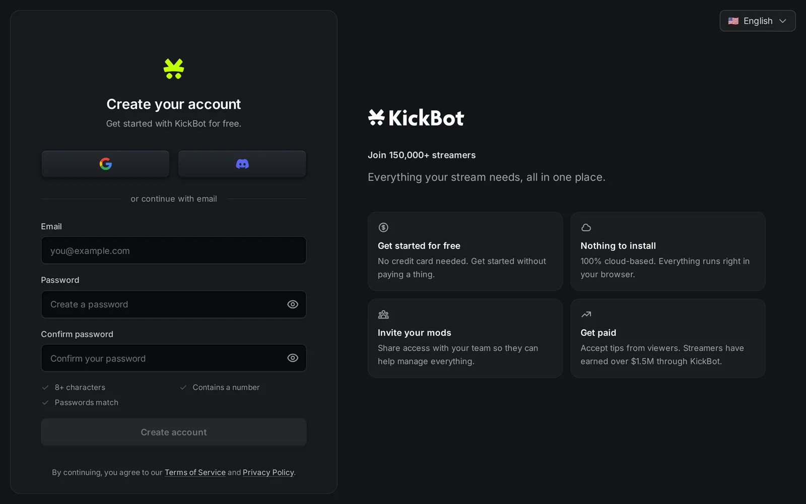 Die KickBot-Registrierungsseite mit Buttons für Google und Discord und den Feldern für E-Mail und Passwort