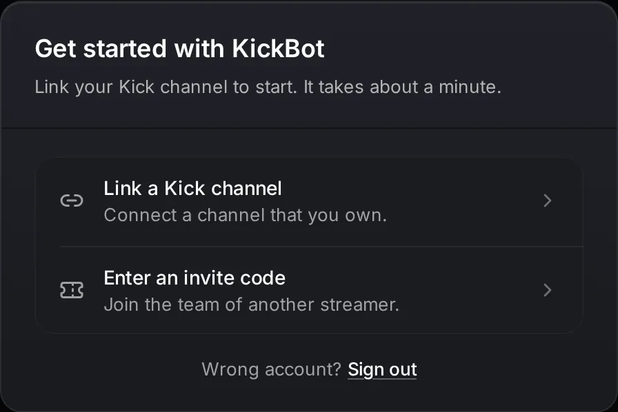 Das Popup Leg los mit KickBot mit den Optionen Kick-Kanal verknüpfen und Einladungscode eingeben