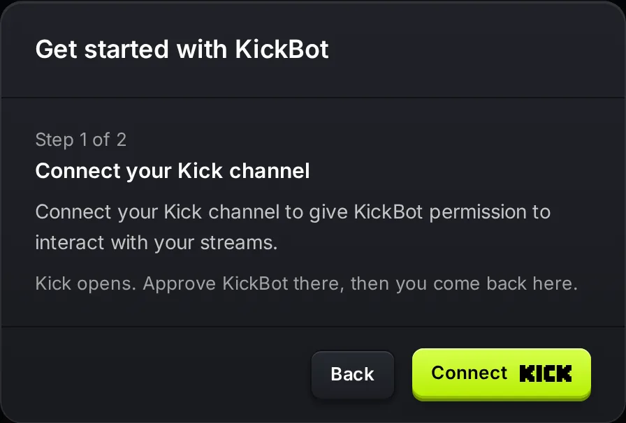 Schritt 1 von 2, Verbinde deinen Kick-Kanal, mit dem Button Verbinden