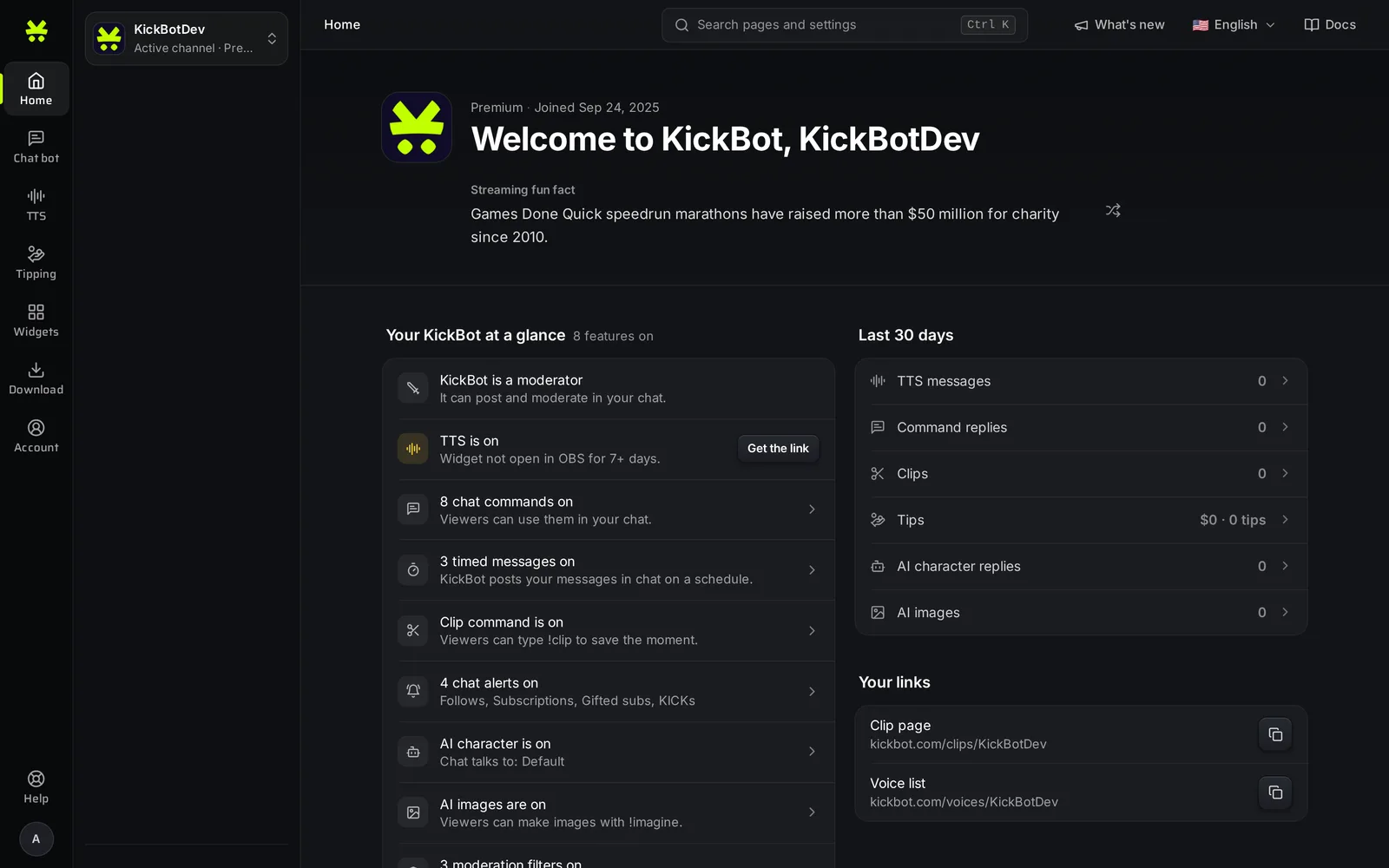 الصفحة الرئيسية في لوحة تحكم KickBot مع القائمة الجانبية ومربع البحث وبطاقة نظرة سريعة على KickBot