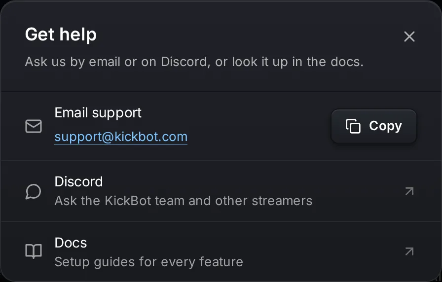 نافذة المساعدة المنبثقة مع راسل الدعم و Discord والوثائق