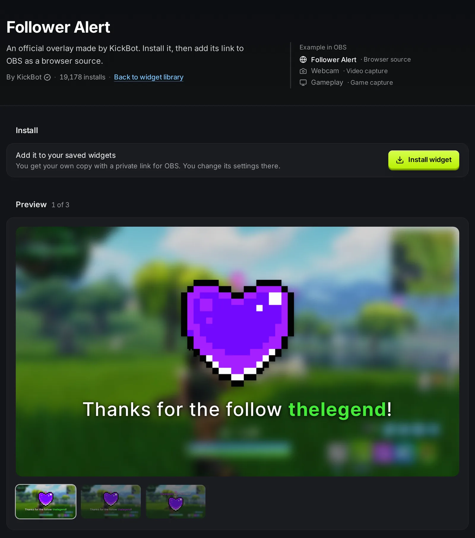 The Follower Alert page in the KickBot Widget library, with the Install widget button and a preview of the alert