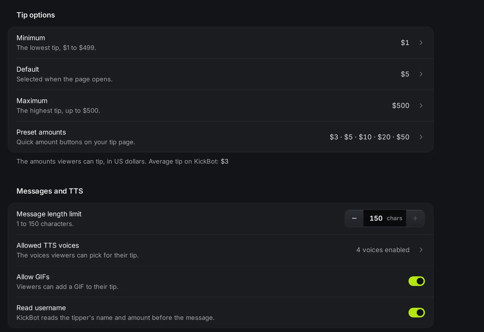 Der Bereich Tip-Optionen mit Minimum, Standard, Maximum und Voreingestellte Beträge und der Bereich Nachrichten und TTS