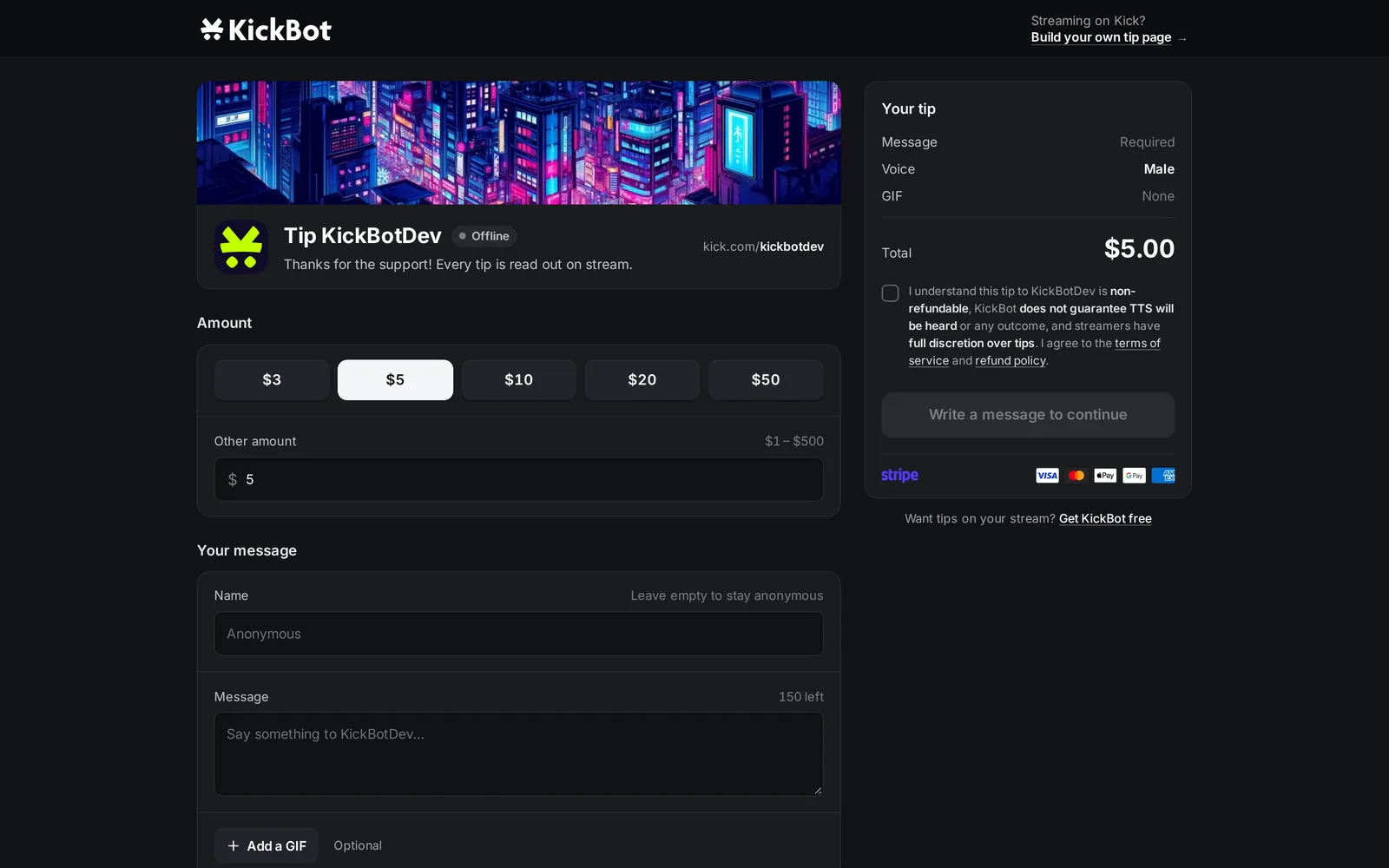 Eine KickBot-Tip-Seite mit Banner, Betrags-Buttons, Feldern für Name und Nachricht und der Tip-Übersicht