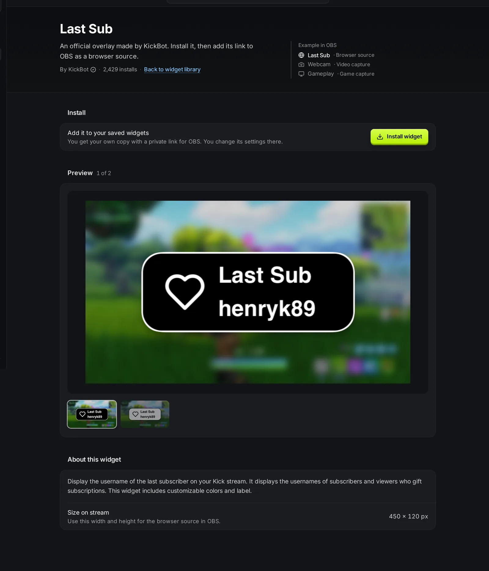 صفحة Last Sub في مكتبة الويدجت في KickBot مع زر تثبيت الودجت والحجم على البث