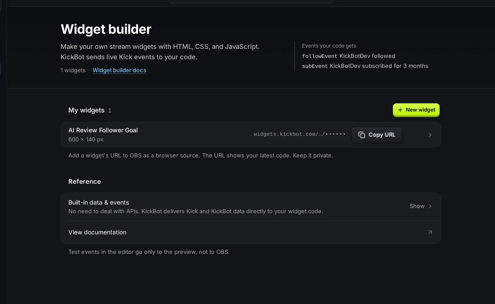 Die Startseite des KickBot Widget Builders mit dem Button Neues Widget, einem Widget mit versteckter URL und dem Bereich Referenz