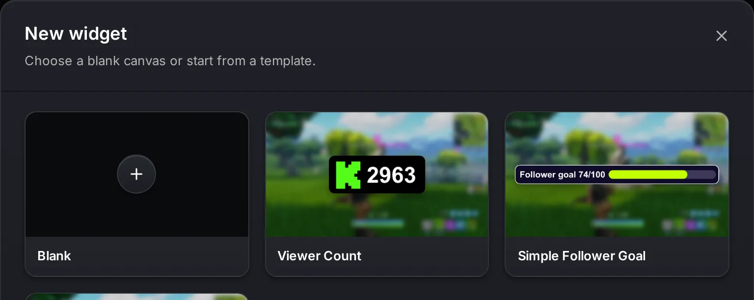 Das Popup Neues Widget mit Leer und den Vorlagen Viewer Count und Simple Follower Goal