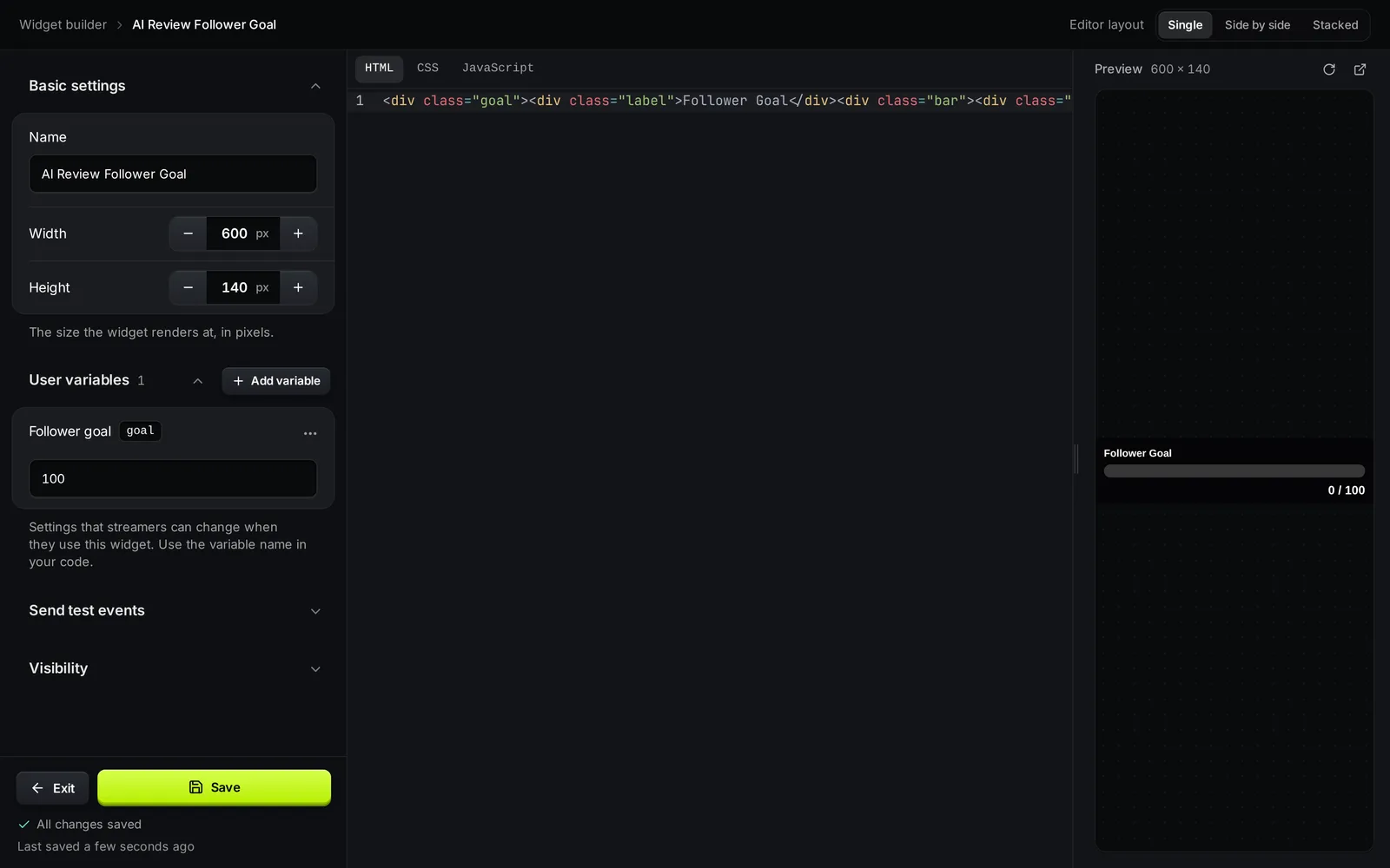 Der Editor im Widget Builder mit Grundeinstellungen und Nutzervariablen links, dem HTML-Tab in der Mitte und der Vorschau rechts